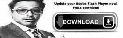 a meme of robert downey jr looking shocked in black and white, with the text 'update your adobe flash player now! FREE download!' then, a big black download button